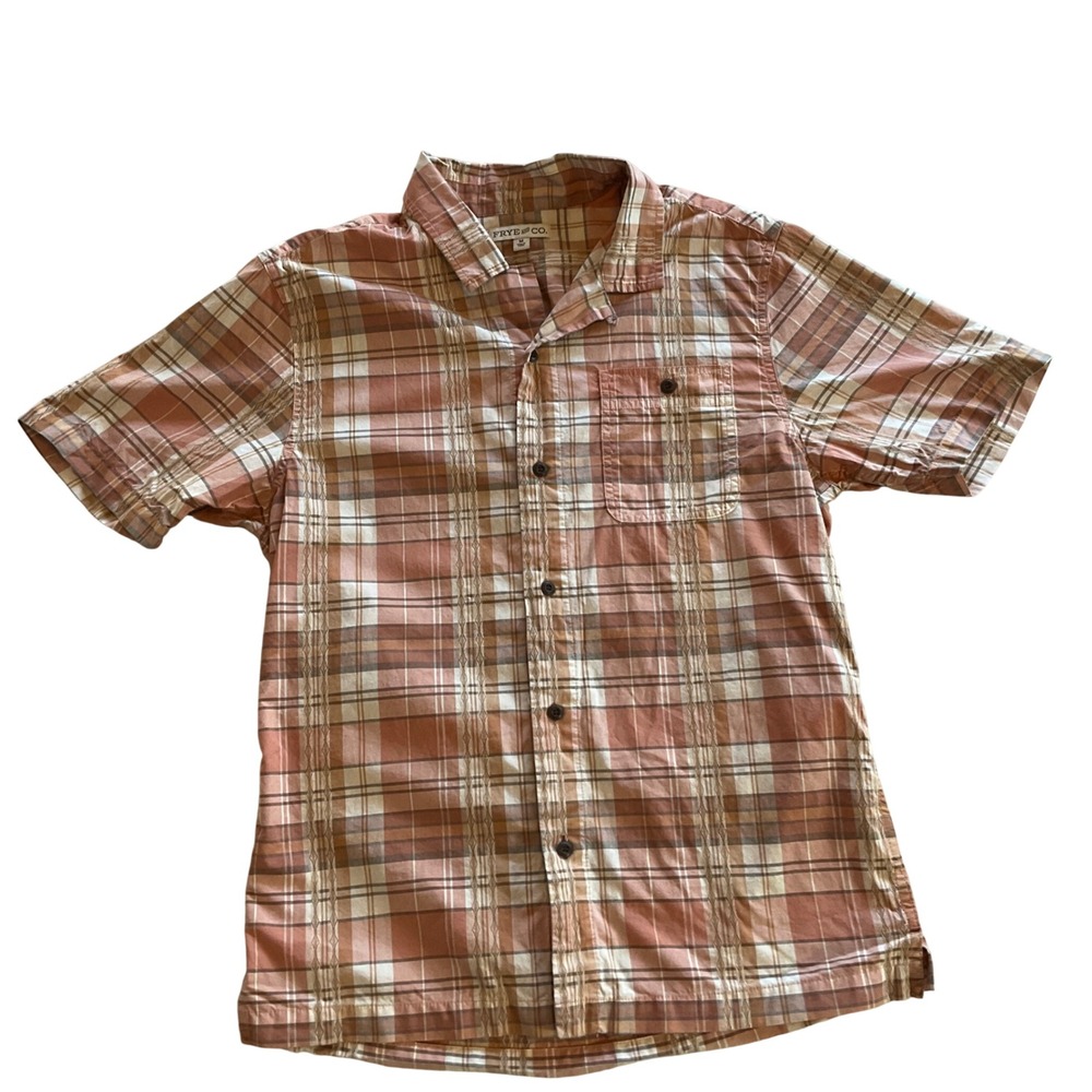 Frye & Co Button Up Mens‎ Medium Orange Plaid Short Sleeve Cotton Casual Shirt